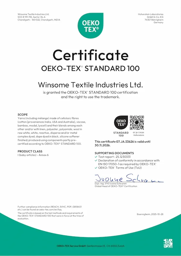 Official Oeko-Tex Standard 100 Product Class 1 certification, tested clear of glyphosate, BPA, pesticides, phthalates, and formaldehyde.
