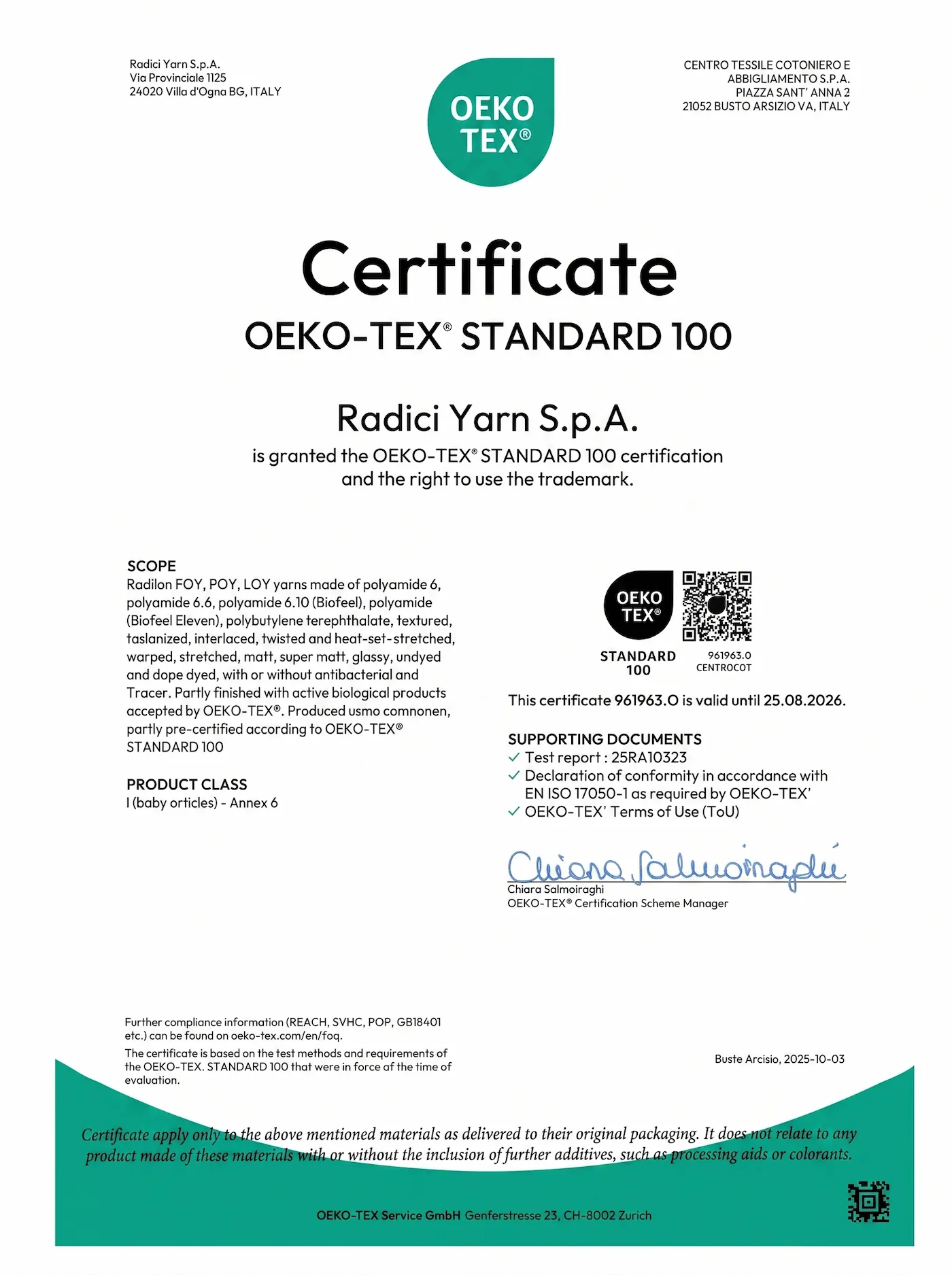 Official Oeko-Tex Standard 100 certification for the polyamide yarn used in Nattynooks socks.