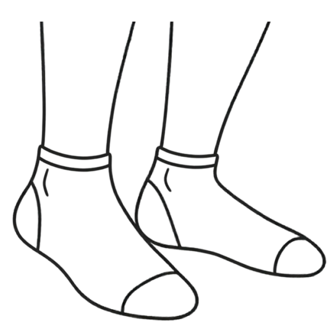 Line art illustration of feet wearing socks representing synthetic plastic fibers pressing against skin pores daily.